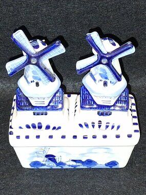 Vintage Hand Painted Delft Blue Windmill Salt & Pepper Shakers with Base 3pc Set